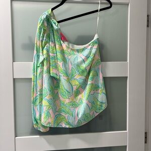 Lilly Pulitzer Green and Pink Leaf Print One-Shoulder Blouse